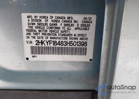 2003 Honda Pilot Ex from USA, damaged, VIN 2HKYF18483H501398